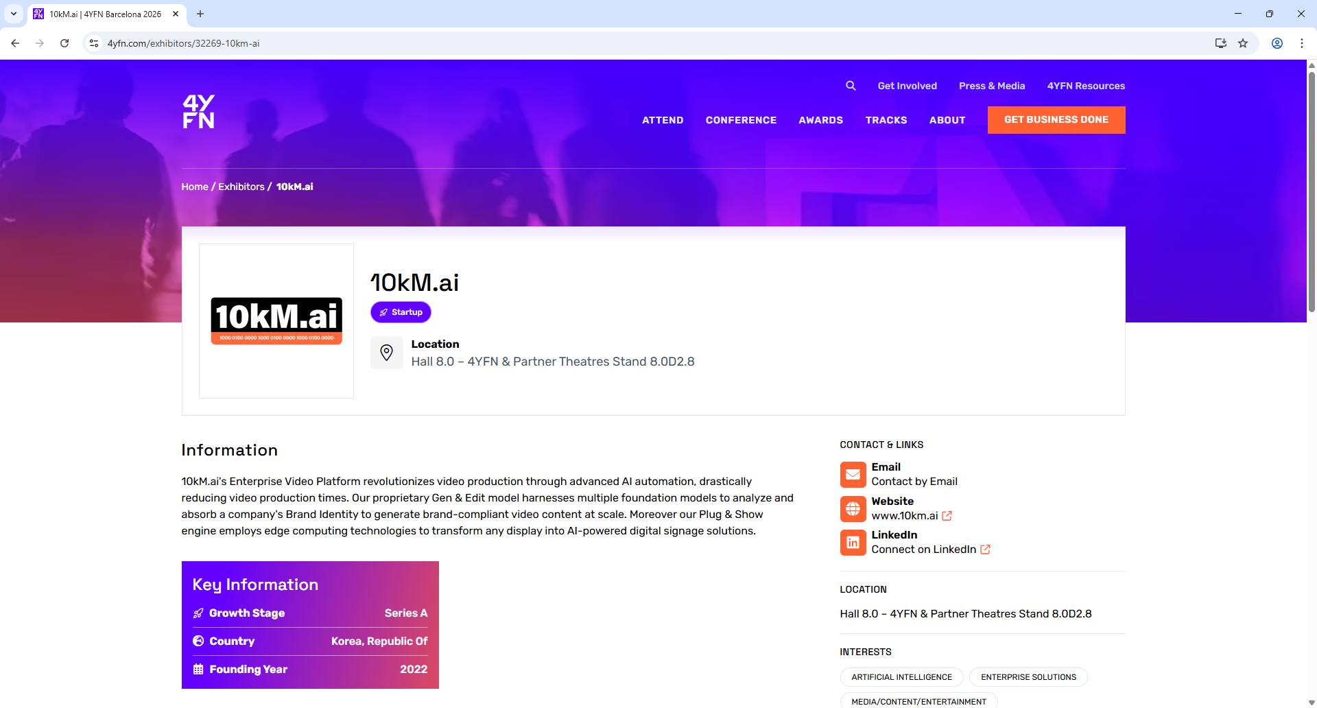 GSMA 4FYN Barcelona Exhibitor Detail Page Screenshot