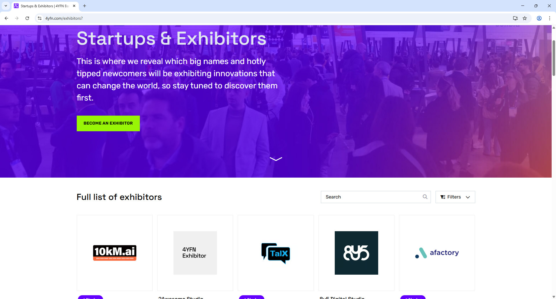 GSMA 4FYN Barcelona Exhibitor List Page Screenshot
