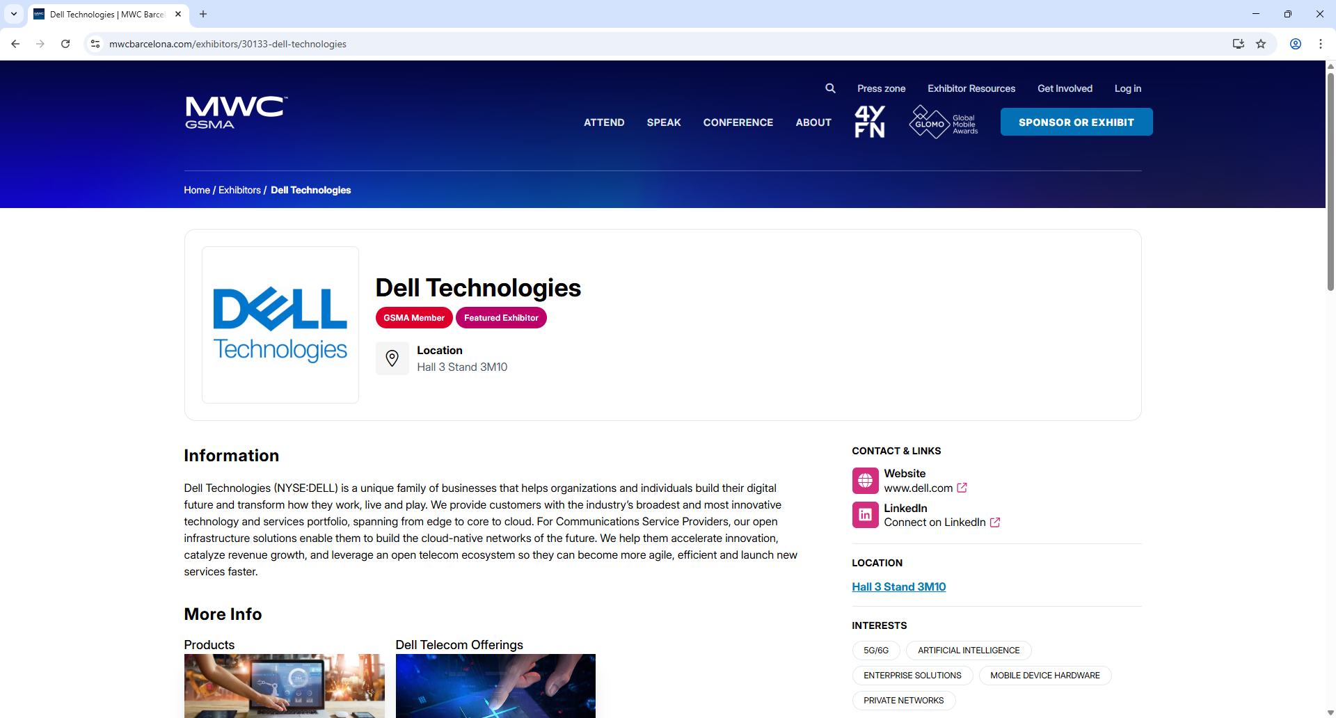 GSMA MWC Barcelona Exhibitor Detail Page Screenshot