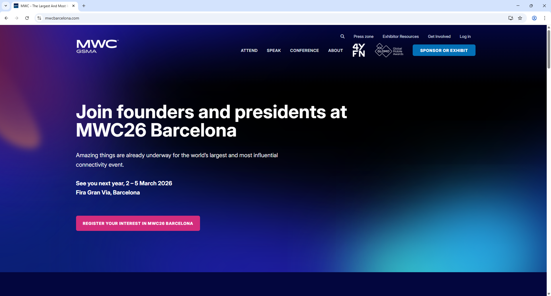 GSMA MWC Barcelona Home Page Screenshot
