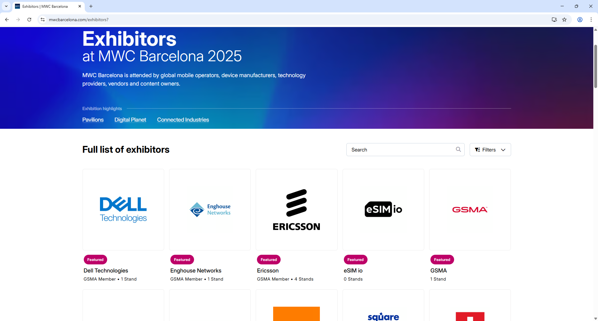 GSMA MWC Barcelona Exhibitor List Page Screenshot