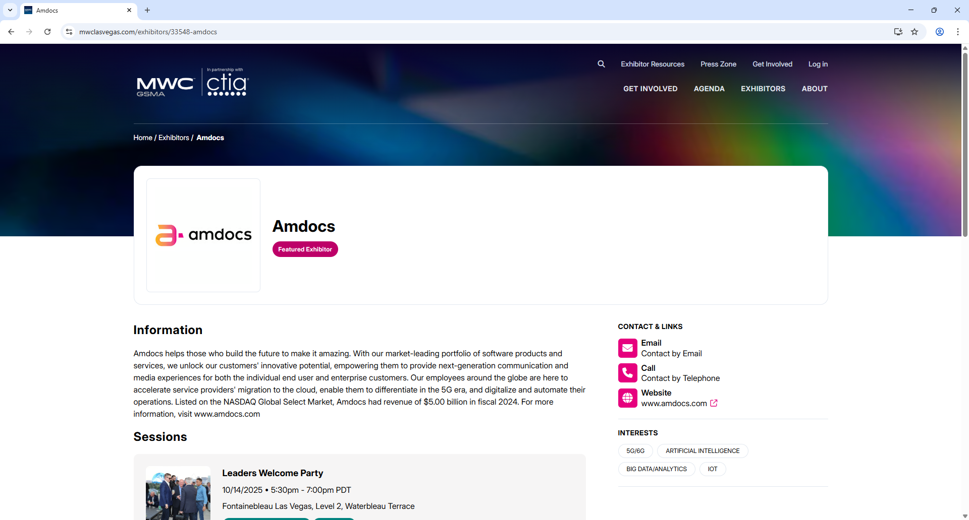 GSMA MWC Las Vegas Exhibitor Detail Page Screenshot