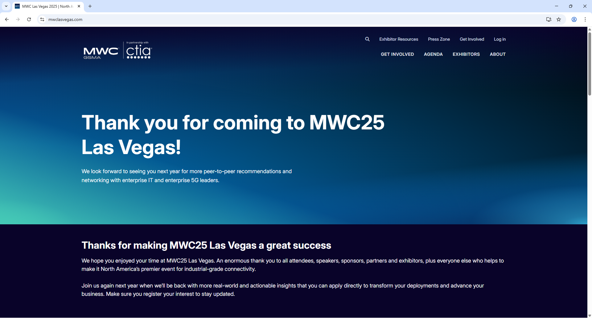 GSMA MWC Las Vegas Home Page Screenshot