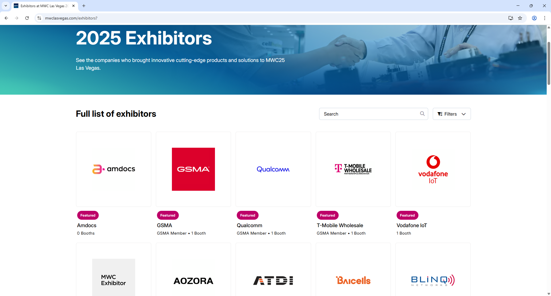 GSMA MWC Las Vegas Exhibitor List Page Screenshot