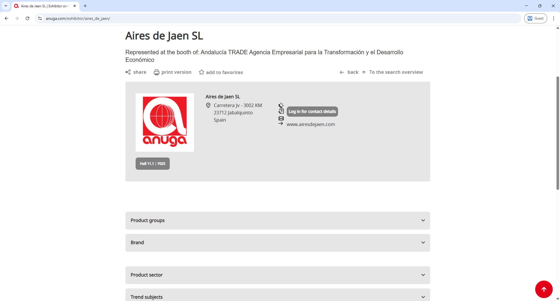 Koelnmesse Anuga Exhibitor Detail Page Screenshot