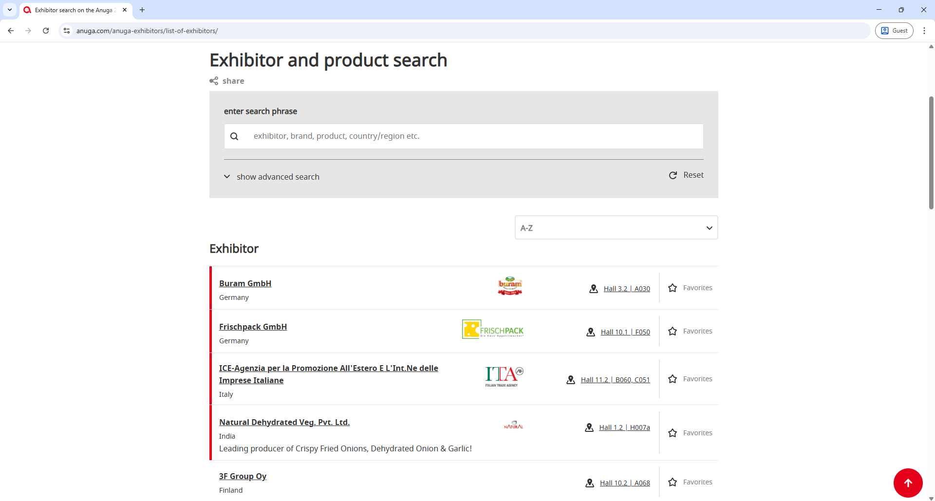 Koelnmesse Anuga Exhibitor List Page Screenshot