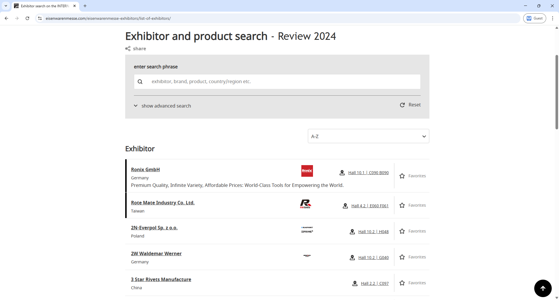 Koelnmesse Eisenwarenmesse Exhibitor List Page Screenshot