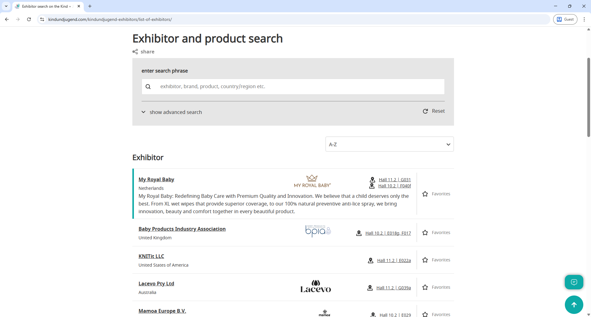 Koelnmesse Kindundjugend Exhibitor List Page Screenshot