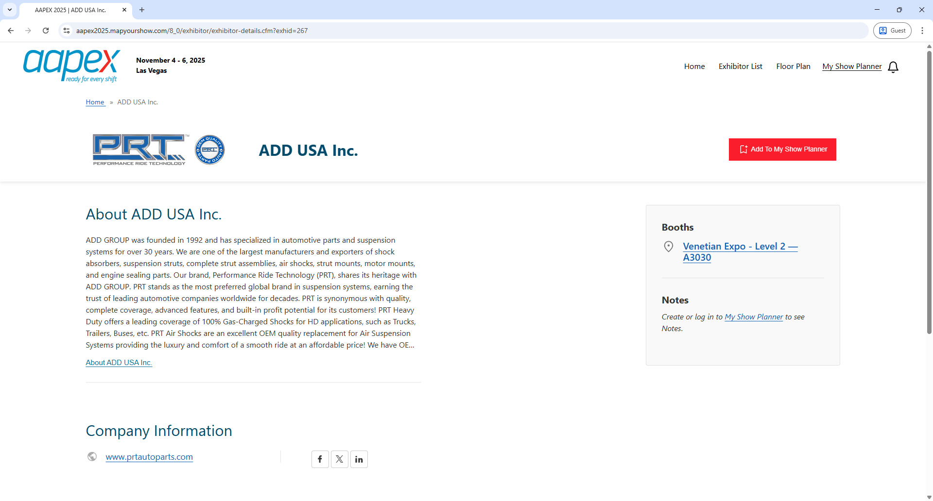 Map Your Show AAPEX Exhibitor Detail Page Screenshot