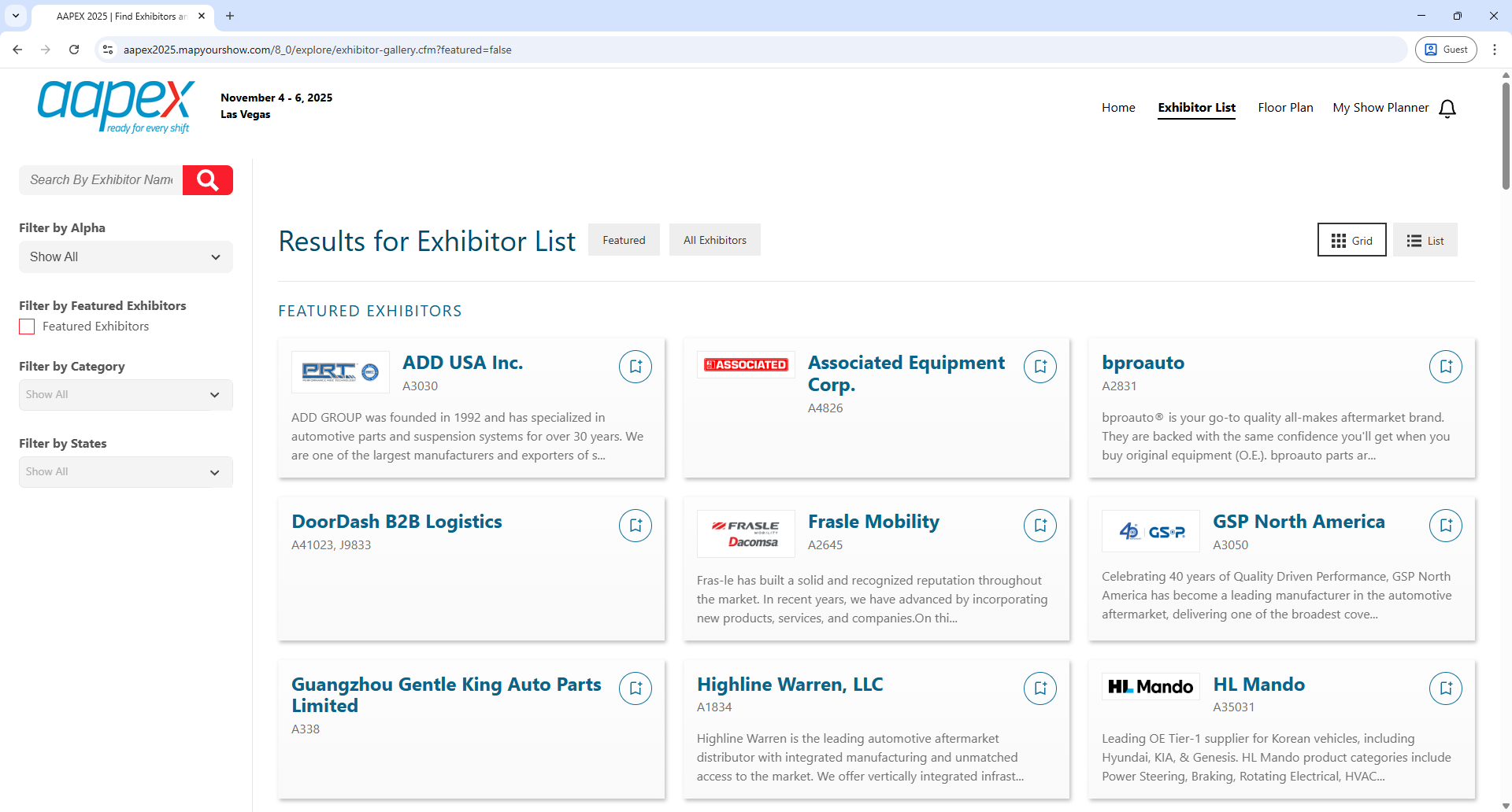 Map Your Show AAPEX Exhibitor List Page Screenshot