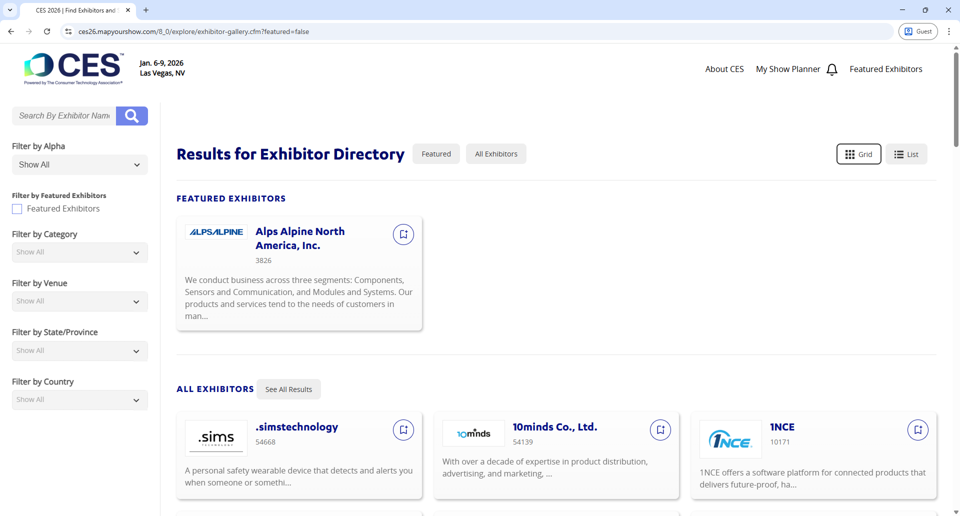 Map Your Show CES Exhibitor List Page Screenshot