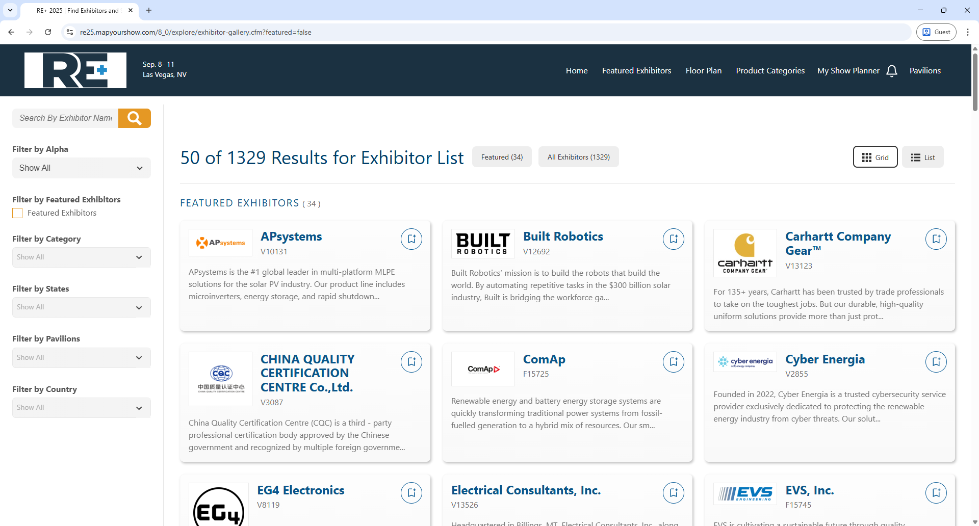Map Your Show RE+ Exhibitor List Page Screenshot
