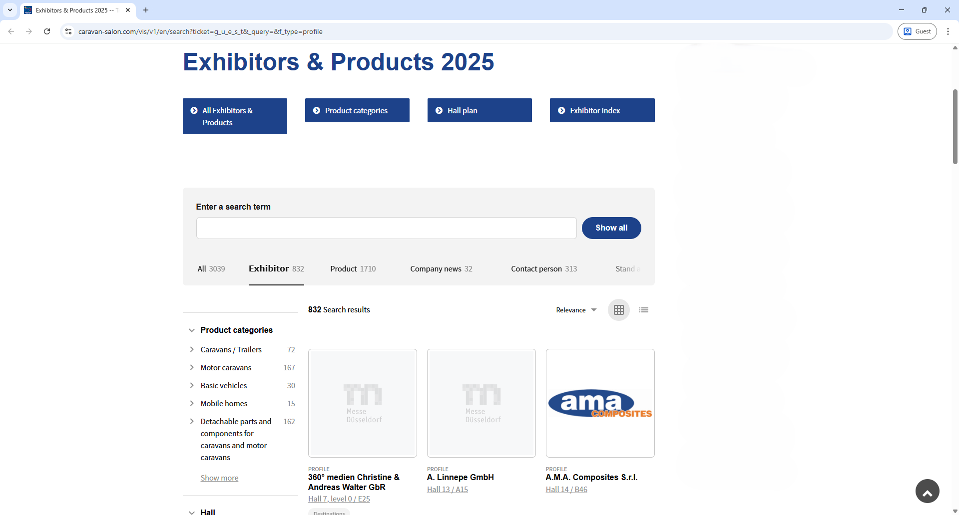 Messe Duesseldorf Caravan Salon Exhibitor List Page Screenshot