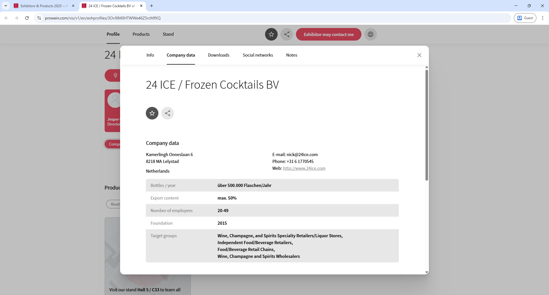 Messe Duesseldorf ProWein Exhibitor Detail Page Screenshot