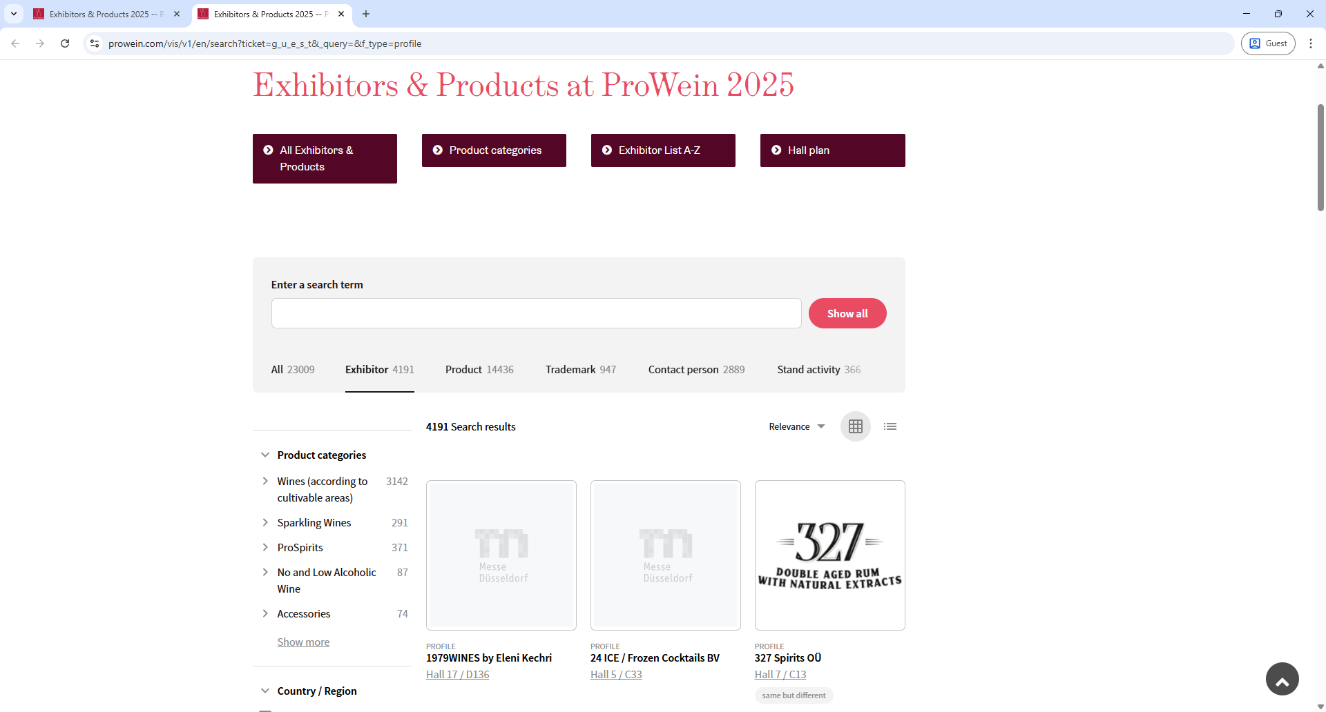 Messe Duesseldorf ProWein Exhibitor List Page Screenshot