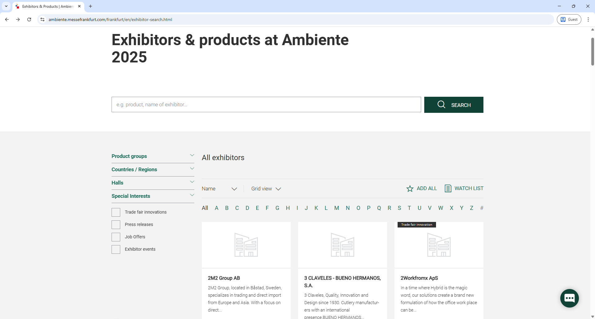 Messe Frankfurt Ambiente Exhibitor List Page Screenshot