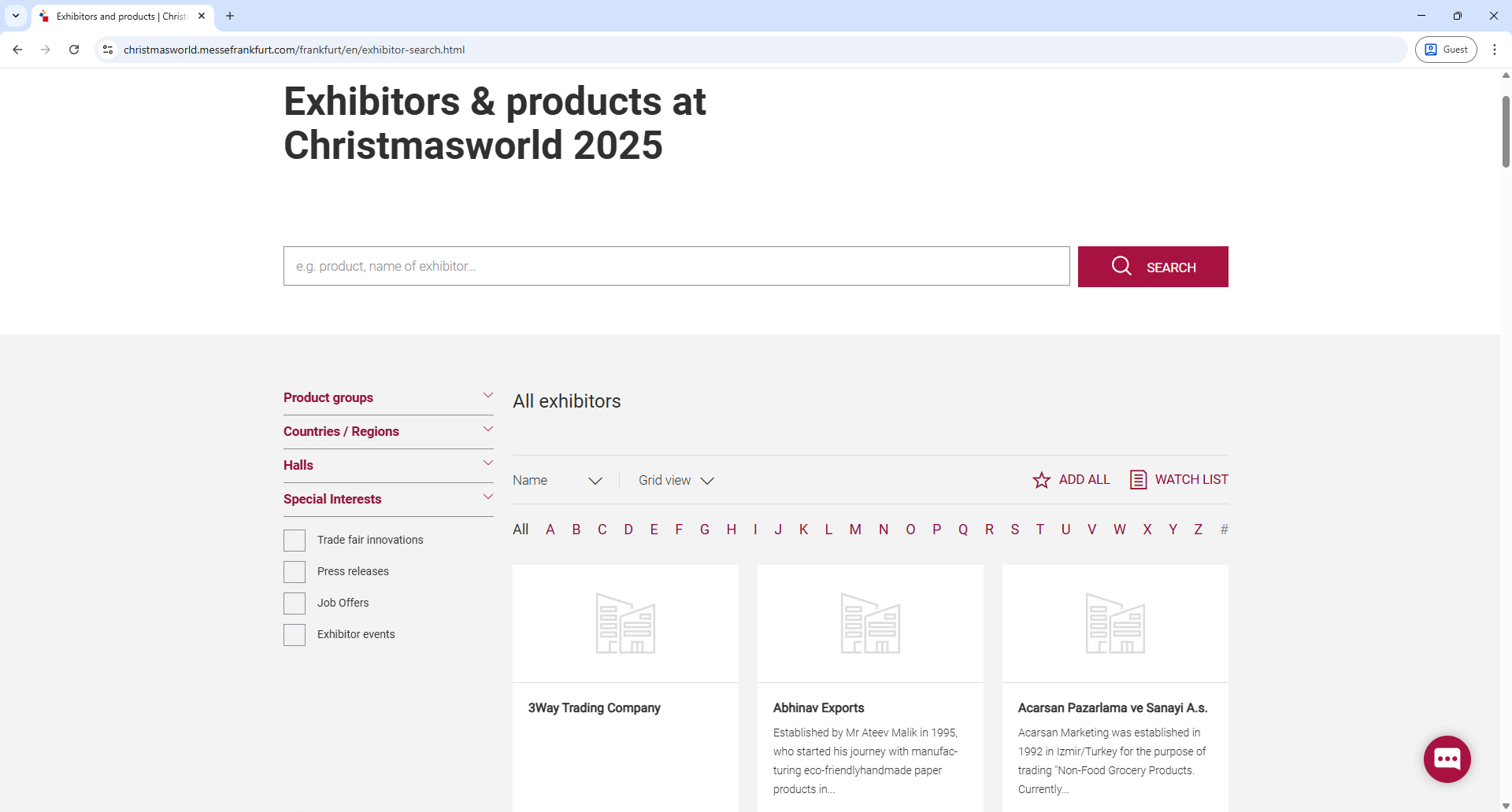 Messe Frankfurt Christmasworld Exhibitor List Page Screenshot
