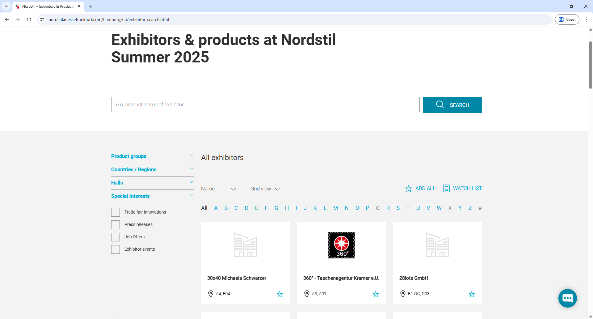 Messe Frankfurt Nordstil Exhibitor List Page Screenshot