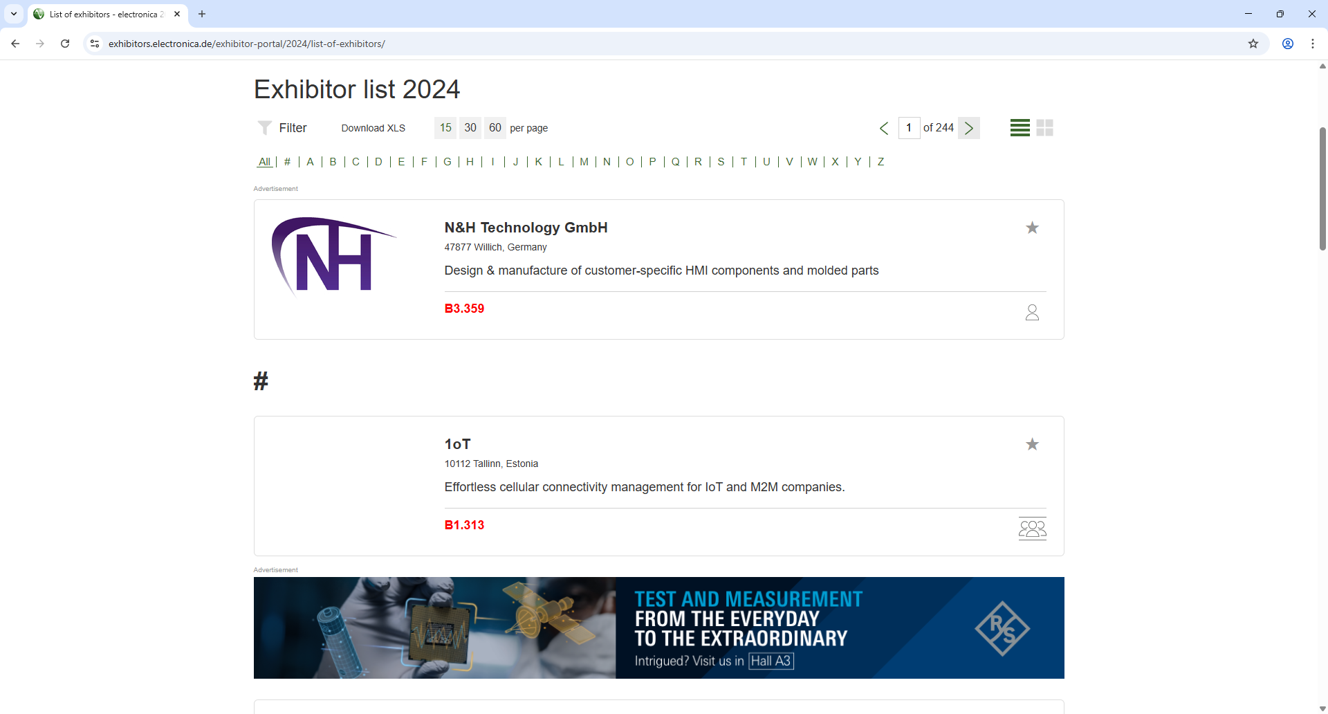Messe Muenchen electronica Exhibitor List Page Screenshot