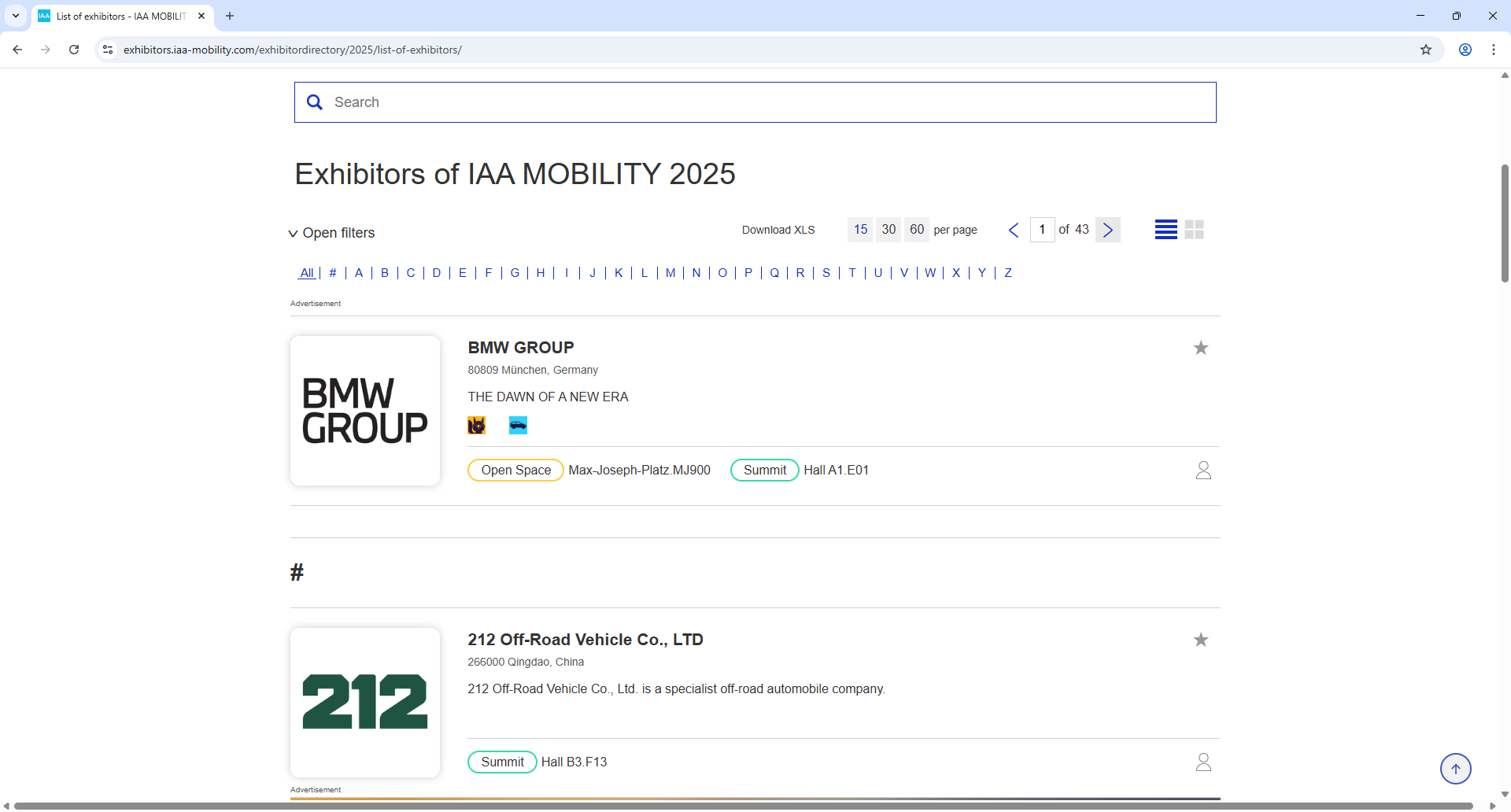 Messe Muenchen IAA Mobility Exhibitor List Page Screenshot