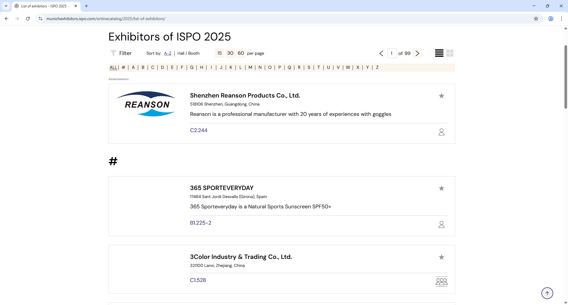 Messe Muenchen ISPO Exhibitor List Page Screenshot