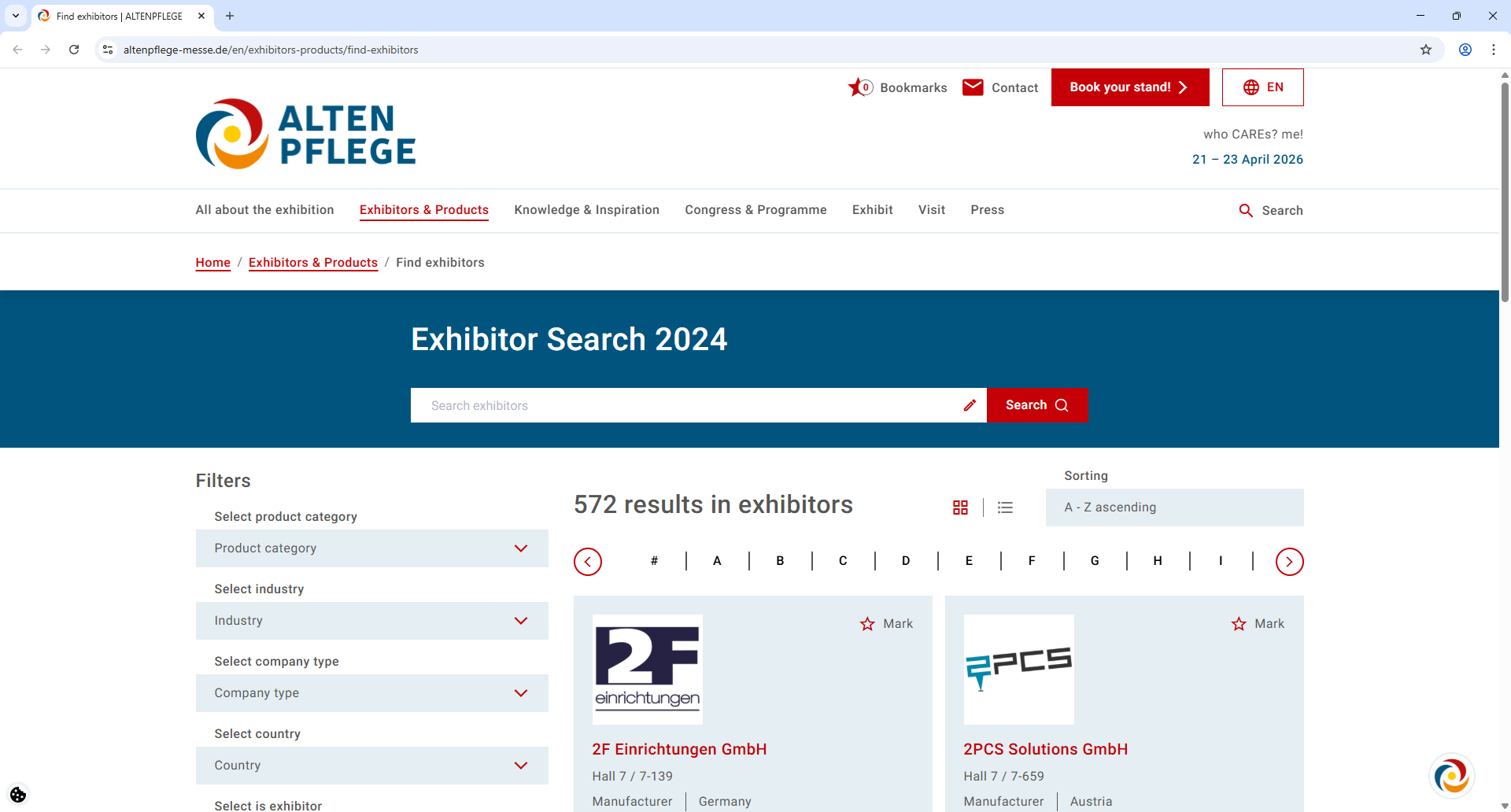 Nuernberg Messe Alten Pflege Exhibitor List Page Screenshot