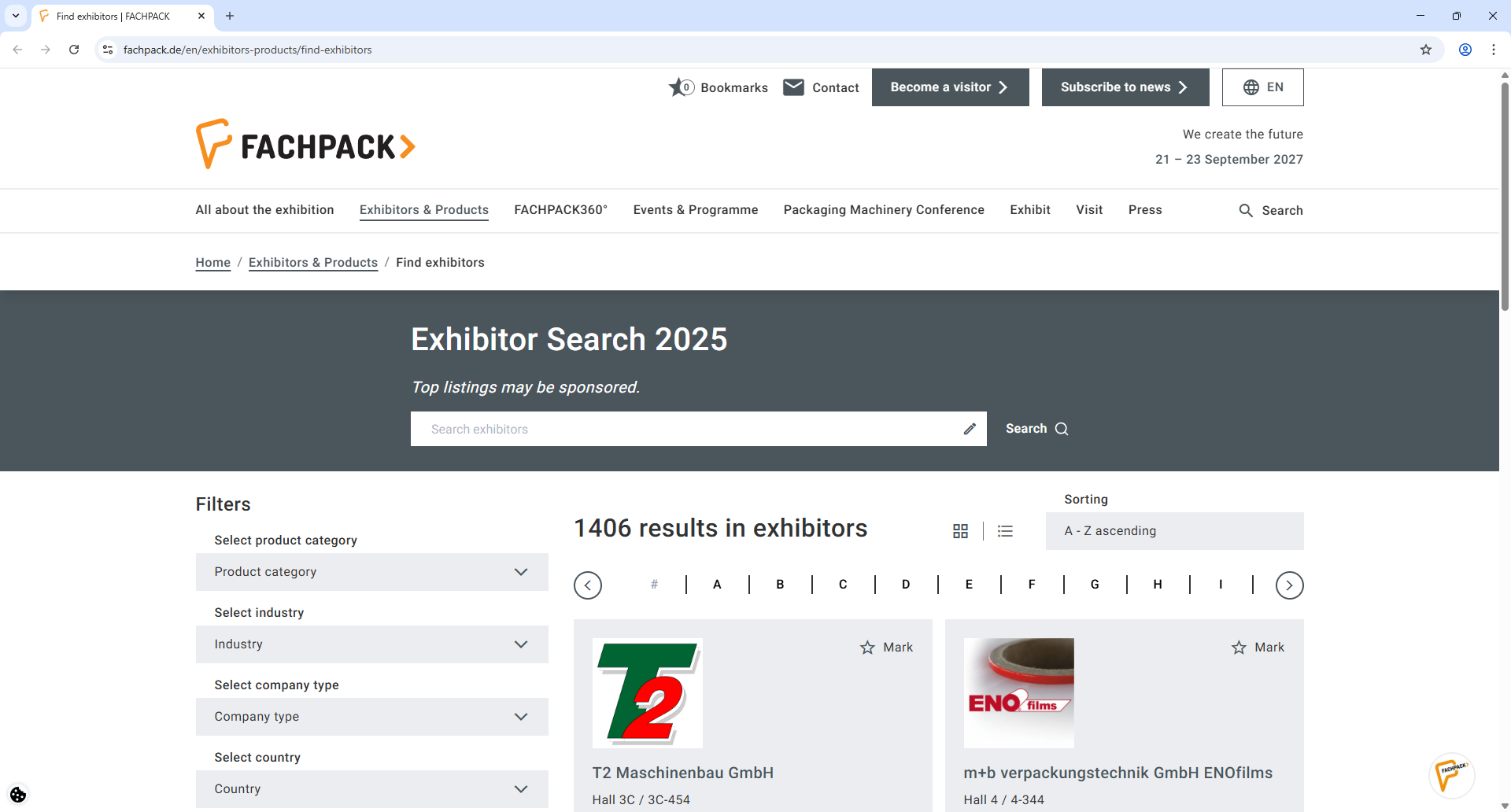 Nuernberg Messe Fachpack Exhibitor List Page Screenshot