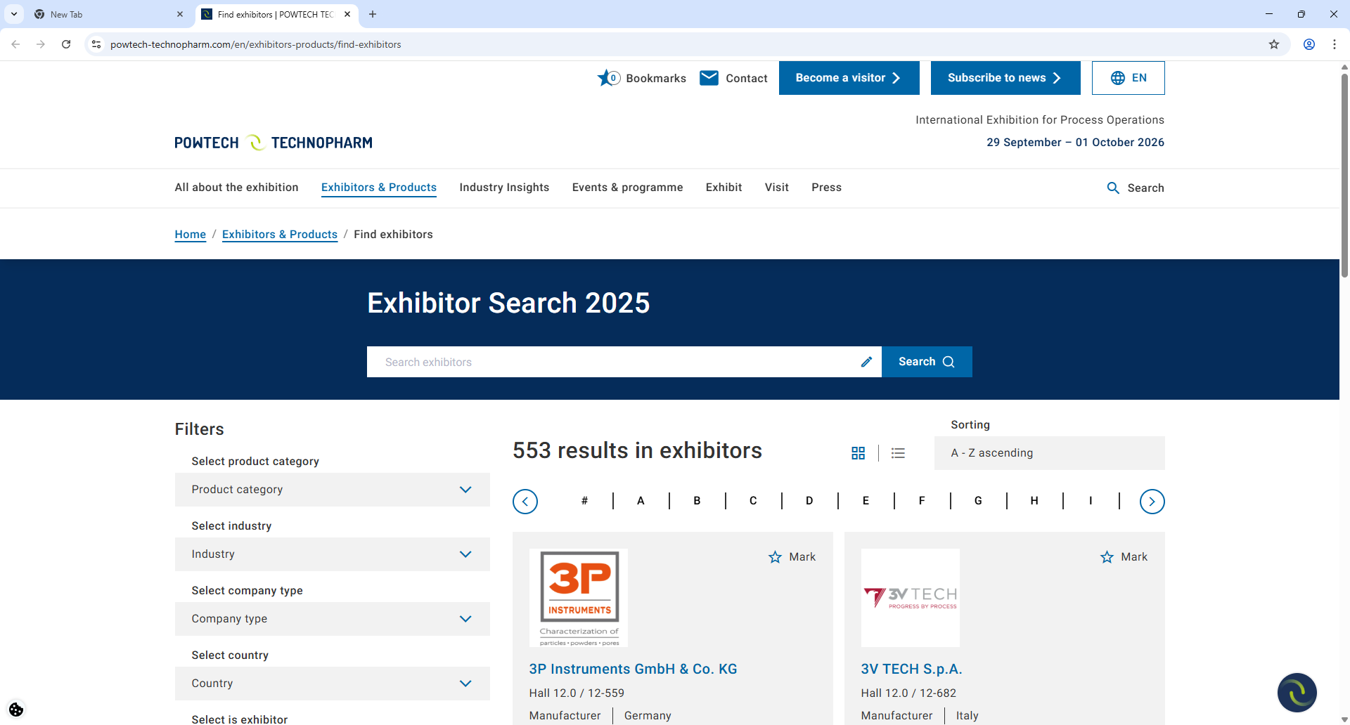 Nuernberg Messe Powtech Exhibitor List Page Screenshot