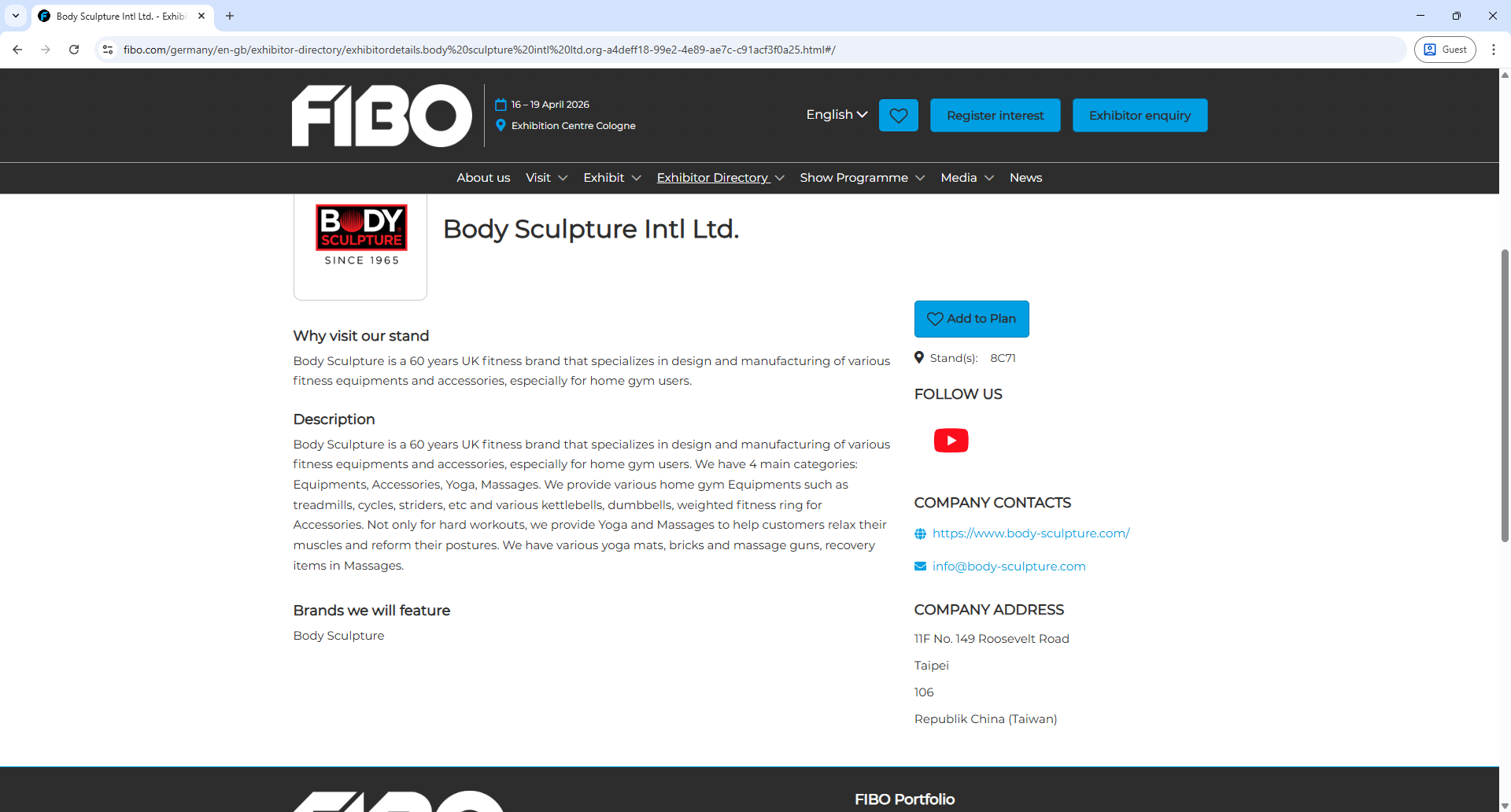 Reed Expo FIBO Exhibitor Detail Page Screenshot