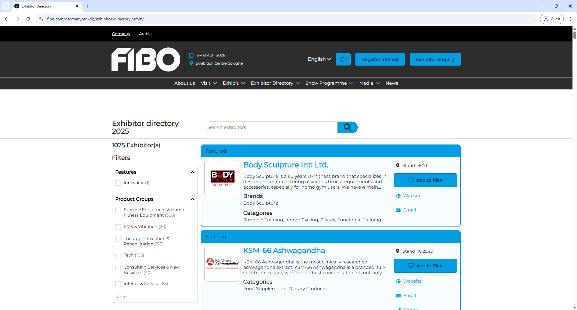 Reed Expo FIBO Exhibitor List Page Screenshot