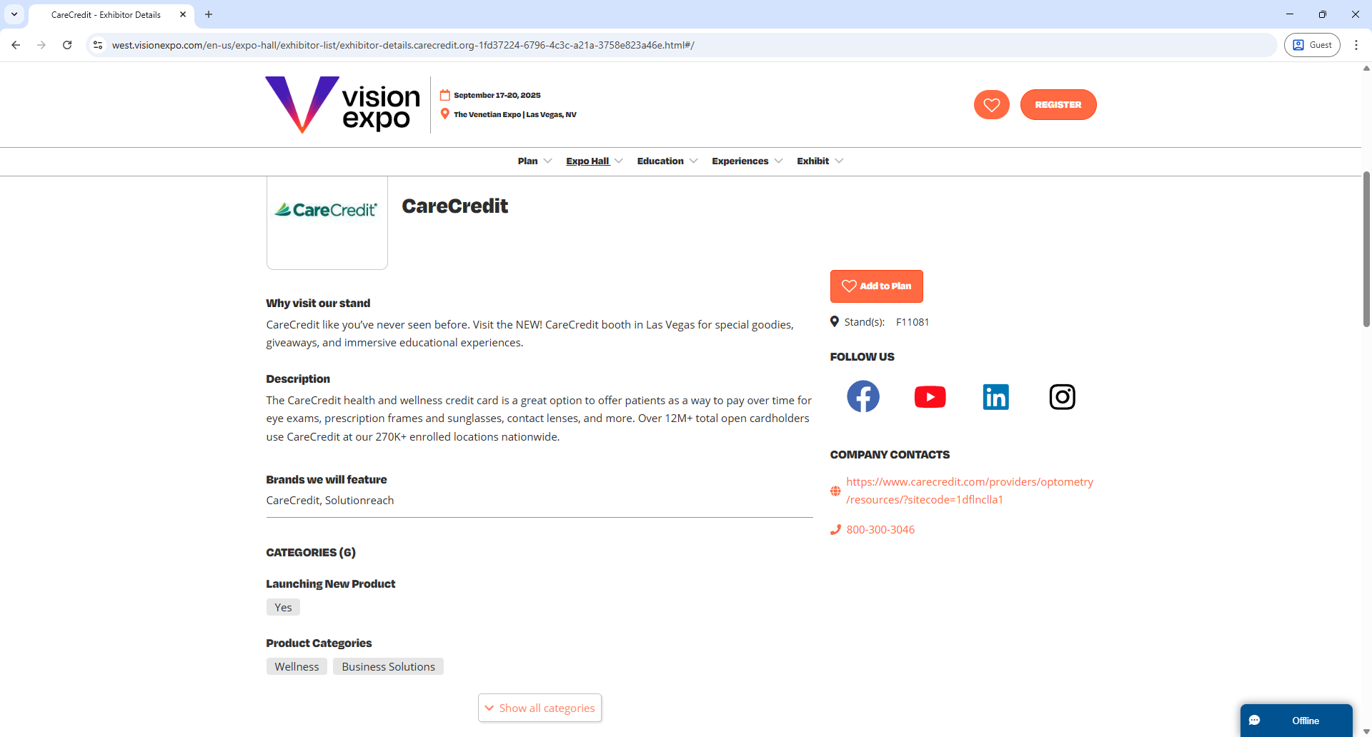 Reed Expo Vision Expo Exhibitor Detail Page Screenshot