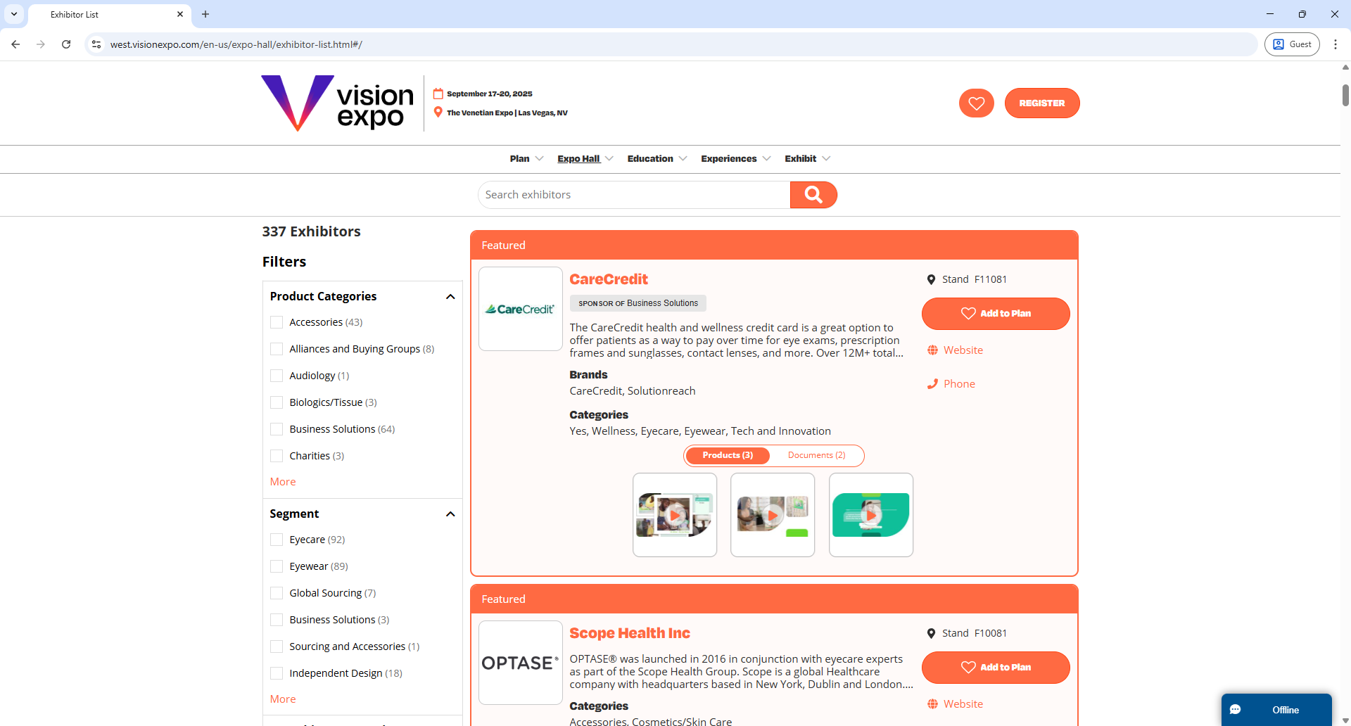 Reed Expo Vision Expo Exhibitor List Page Screenshot