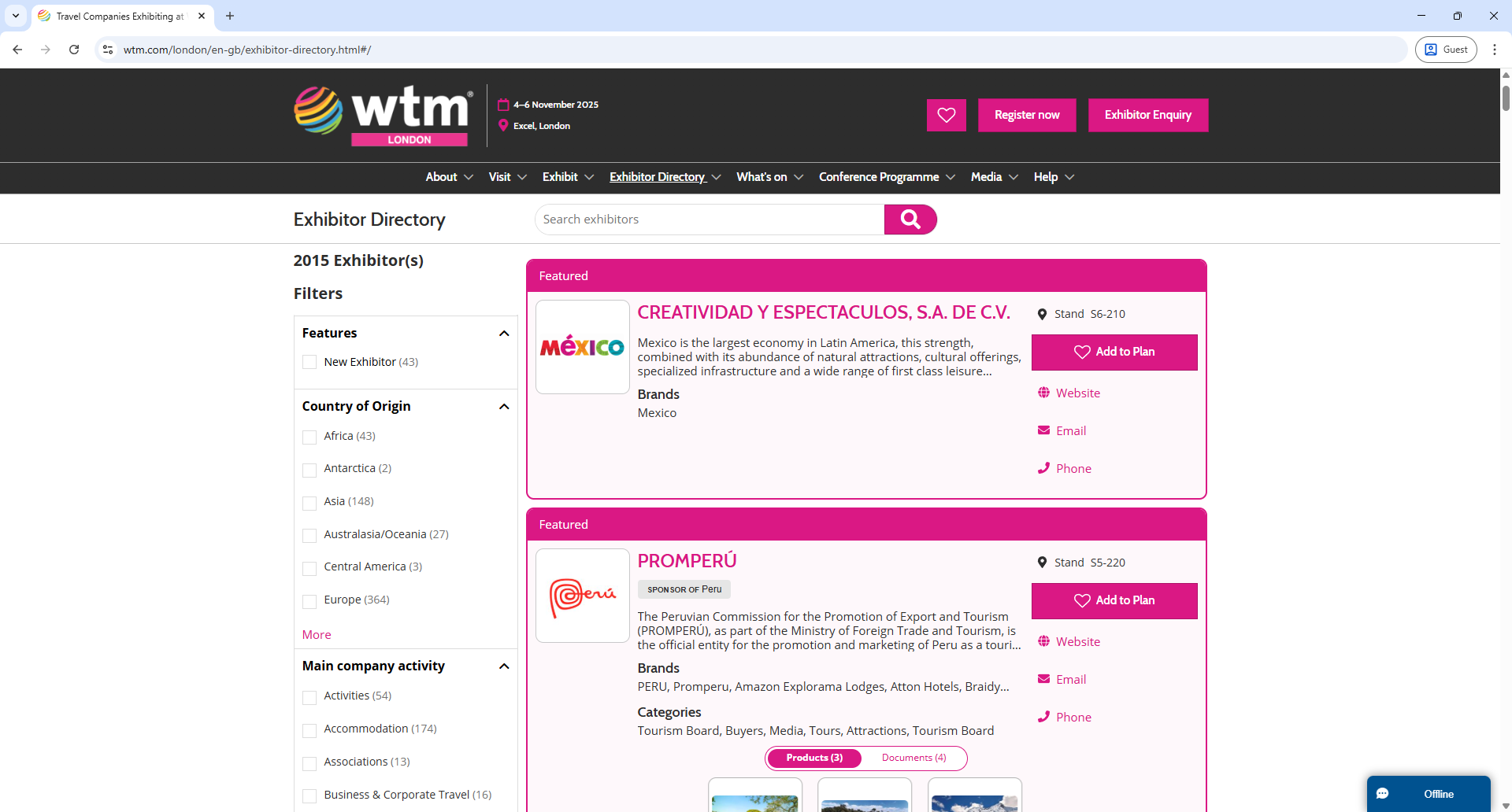 Reed Expo wtm London Exhibitor List Page Screenshot
