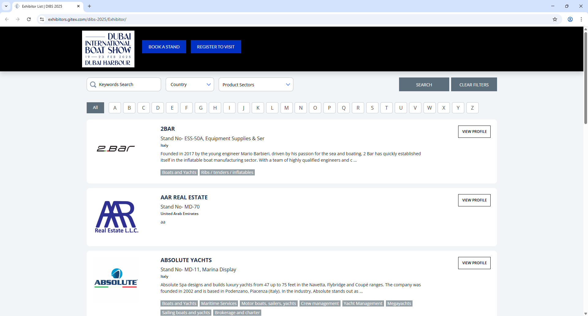 Xporience V2 Dubai International Boat Show Exhibitor List Page Screenshot