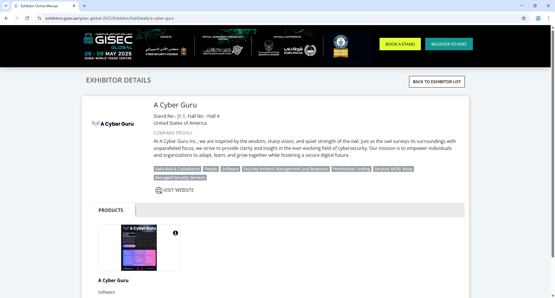 Xporience V2 GISEC Global Exhibitor Detail Page Screenshot