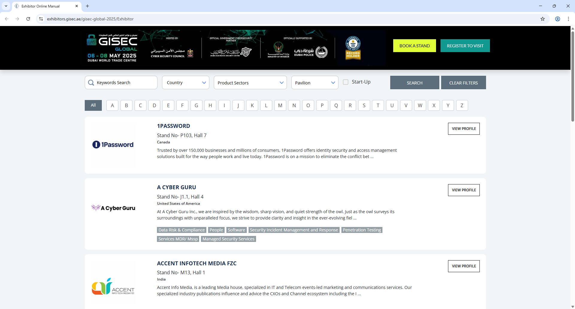 Xporience V2 GISEC Global Exhibitor List Page Screenshot