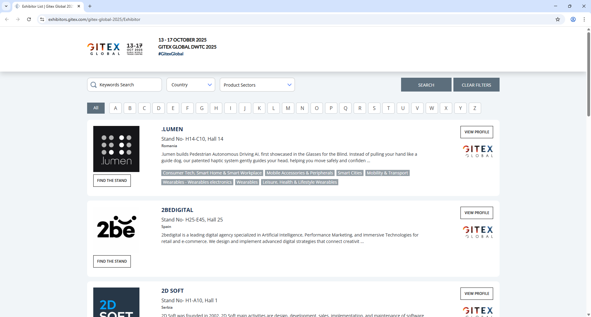 Xporience V2 Gitex Global Exhibitor List Page Screenshot