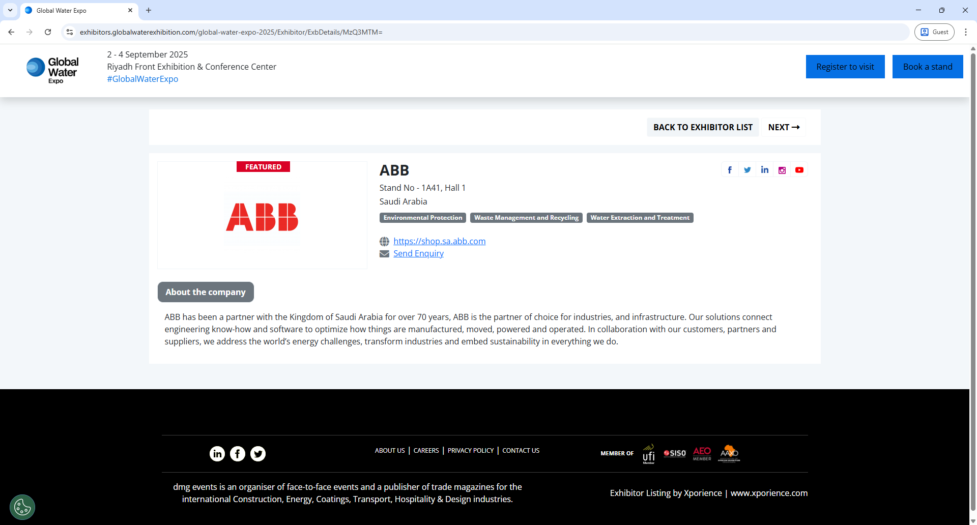 Xporience Global Water Expo Exhibitor Detail Page Screenshot