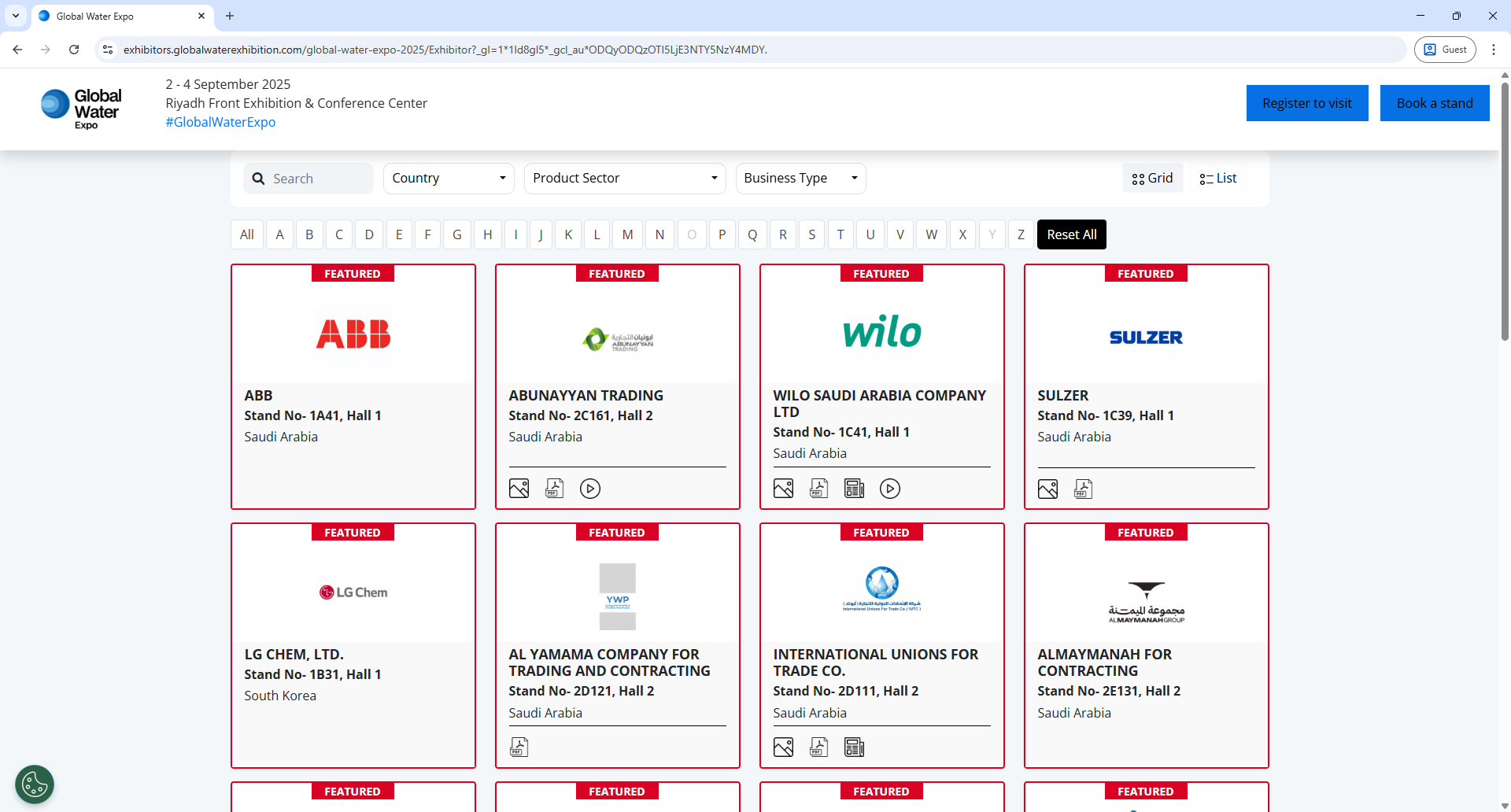 Xporience Global Water Expo Exhibitor List Page Screenshot